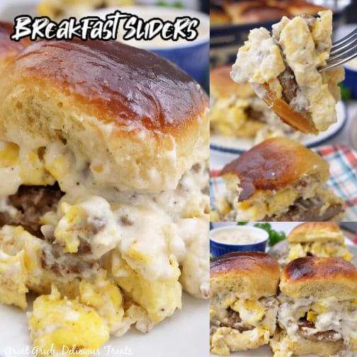 A three photo collage of breakfast sliders with gravy sitting on white plates.