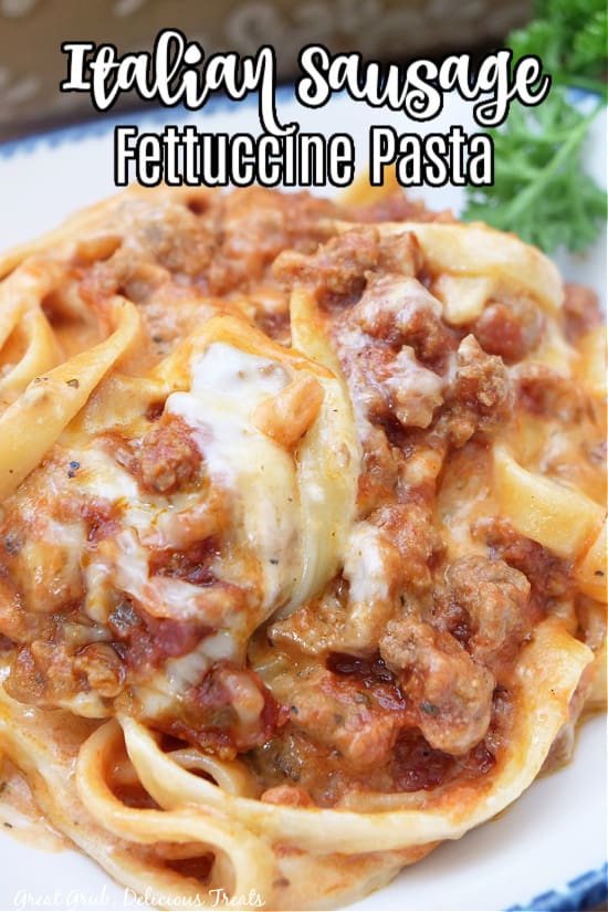 Fettuccine alfredo on a plate with a mix of meat sauce and alfredo sauce.
