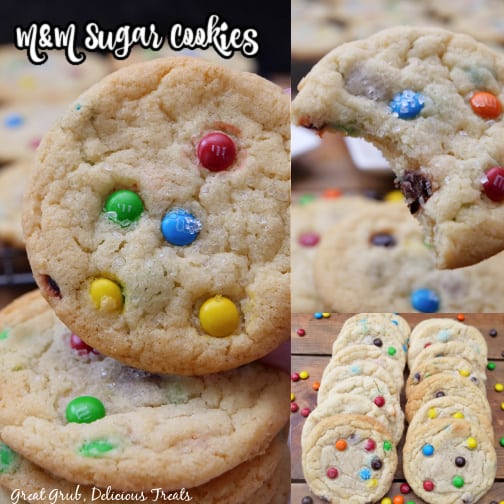 A three collage photo of M&M sugar cookies.