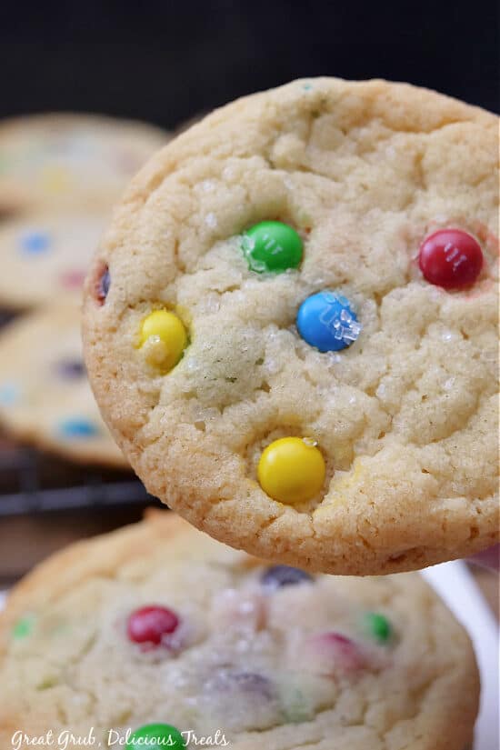 A close up of a M&M sugar cookie being held up.