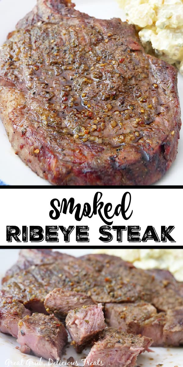 A double photo collage of smoked ribeye steaks on a white plate with some pieces cut up.