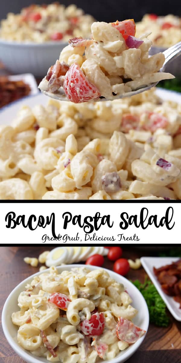 A double collage photo of bacon pasta salad in a white bowl.