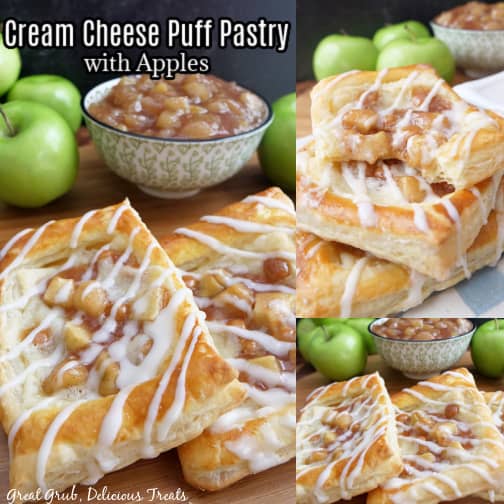 A three photo collage of apple cream cheese puff pastries that are drizzled with a homemade glaze.