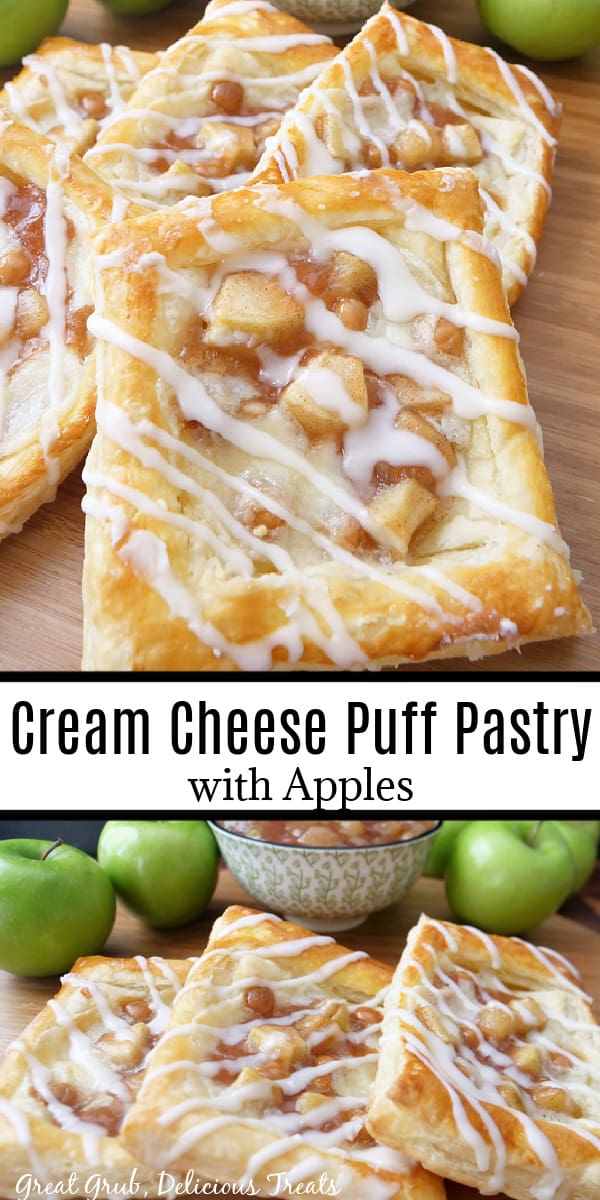 A double photo collage of apple cream cheese puff pastries.