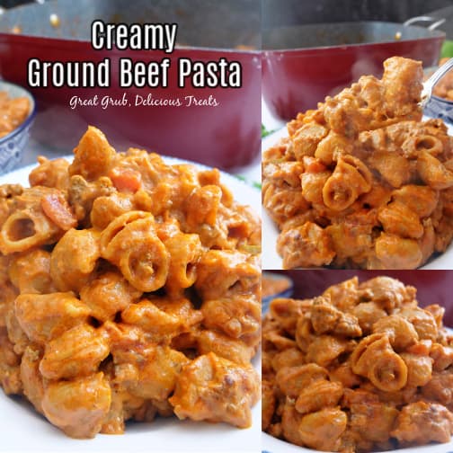 A triple photo collage of creamy ground beef pasta on white plates with blue trim with a large red pot in the background.