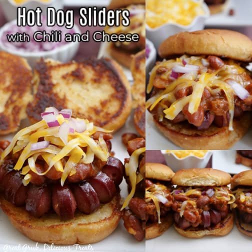 A three photo collage of hot dog sliders with chili and cheese.