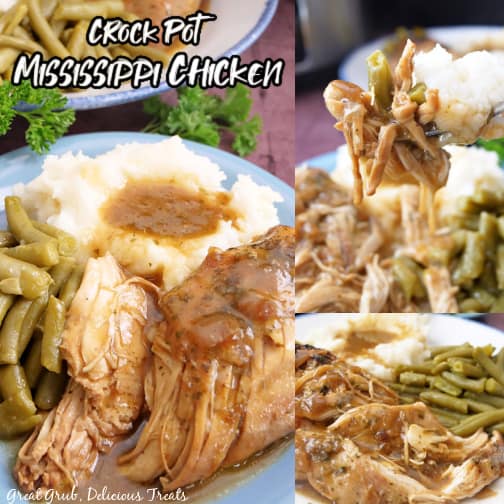 A three photo collage of crock pot Mississippi chicken.