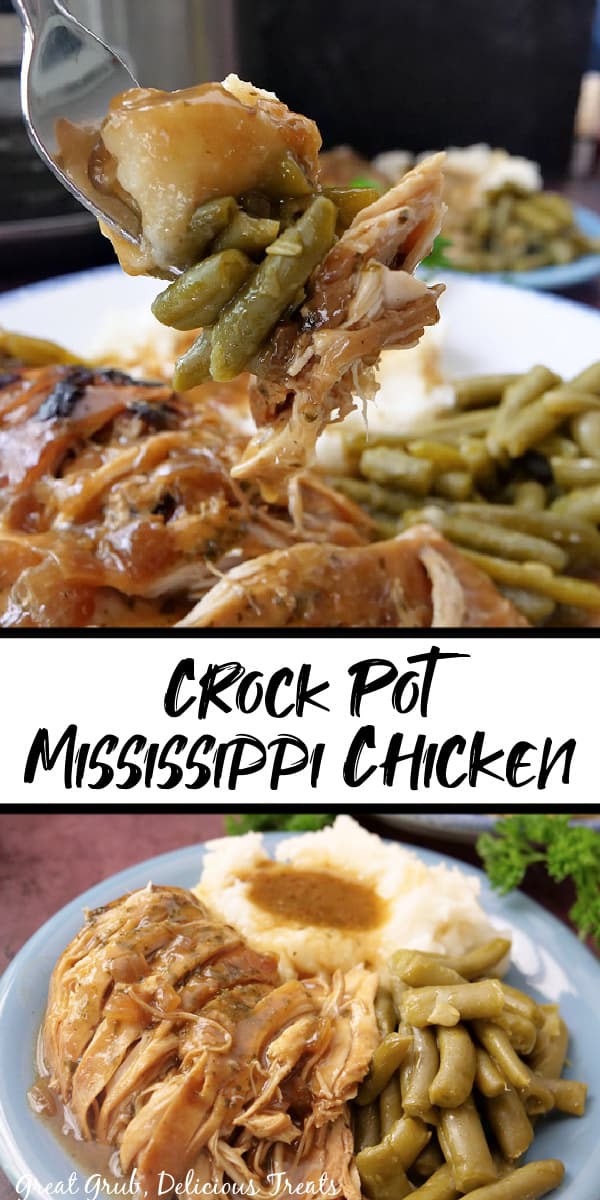 A double photo collage of Mississippi chicken covered in gravy on a fork and a serving on a plate.