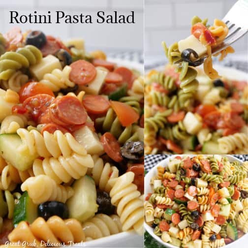 A three photo collage of tri-colored rotini pasta salad in a white bowl.