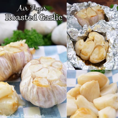 A three collage photo bulbs of roasted garlic on a blue and white plate.