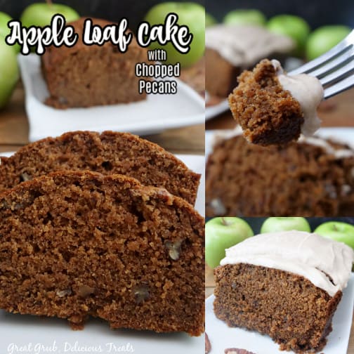 A three photo collage of an apple spice loaf cake on a white plate.