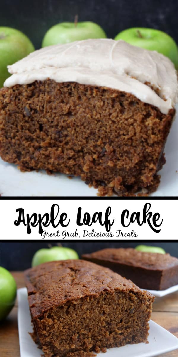 A double collage photo of an apple loaf cake.