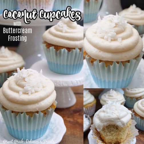 A triple photo collage of coconut cupcakes all in blue muffin liners.
