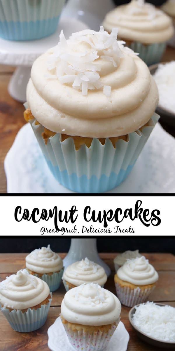 A double photo collage of coconut cupcakes with shredded coconut on top.