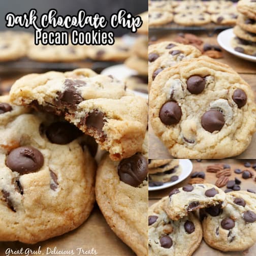A three photo collage of dark chocolate cookies with chunks of pecans.