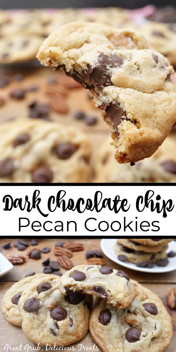 A double photo collage of chocolate chip pecan cookies.