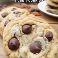 A close up photo of a chocolate chip cookies with a row of cookies in the background and a plate stacked high with cookies.