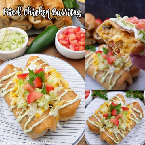 A three collage photo of fried chicken burritos on a plate.