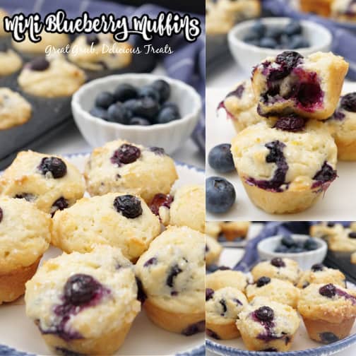 A three photo collage with mini blueberry muffins on a white plate with blue trim.