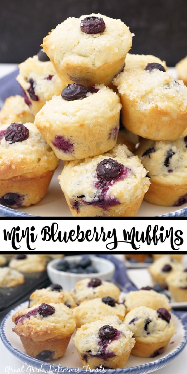 A double collage photo of mini blueberry muffins.