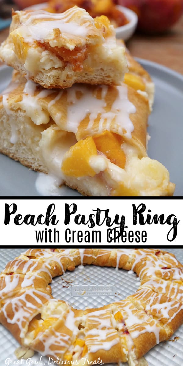 A double photo collage of peach pastries drizzled with a glaze.