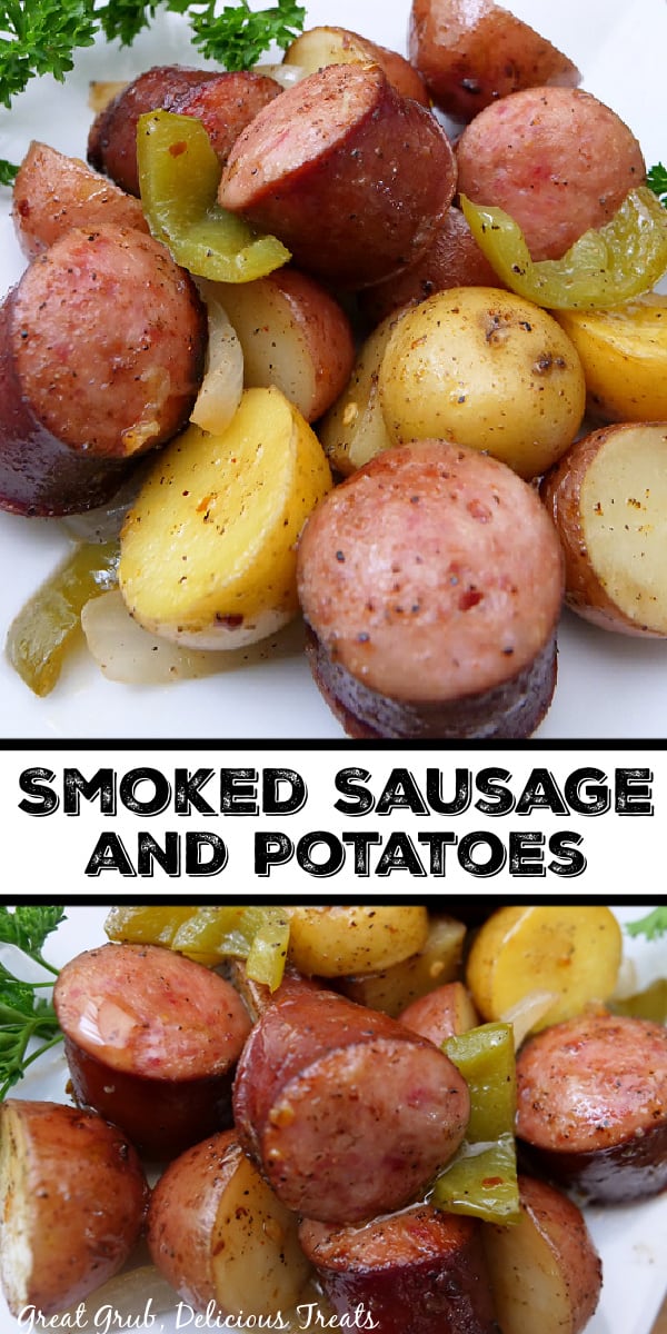 A double collage photo of smoked sausage and potatoes on a white plate.