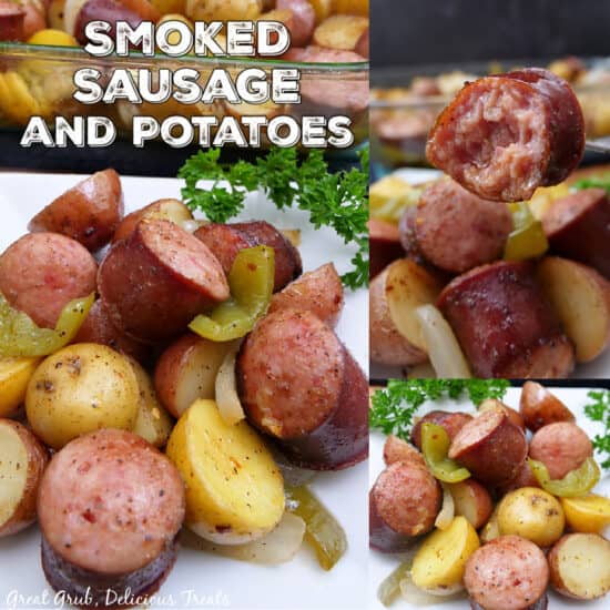 A three photo collage of smoked sausage and potatoes on a white plate and a piece of sausage with a bite taken out of it.