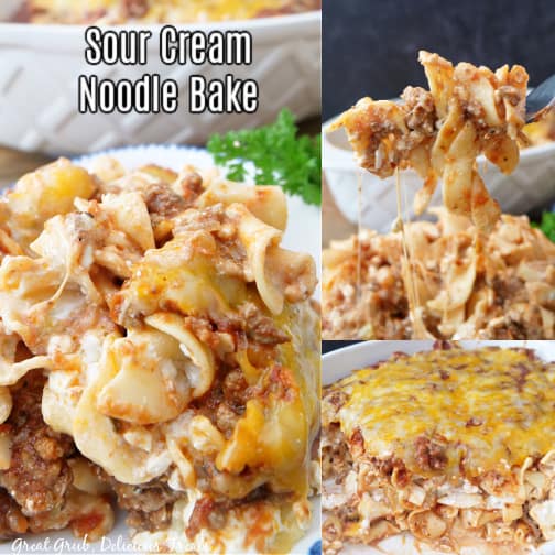 A three photo collage of sour cream noodle bake.