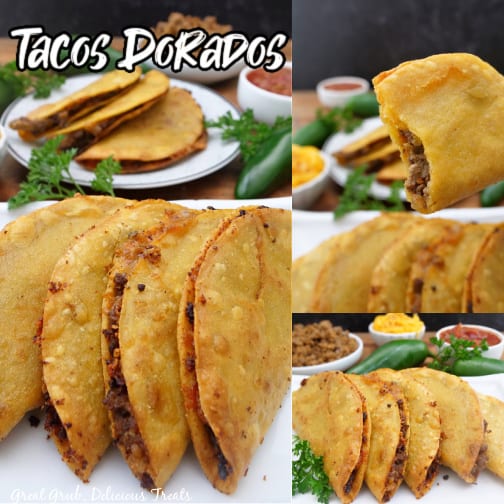 A three photo collage of taco dorados with ground beef.