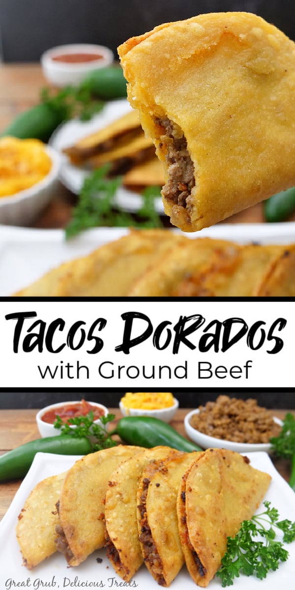 A double photo collage of tacos with ground beef.