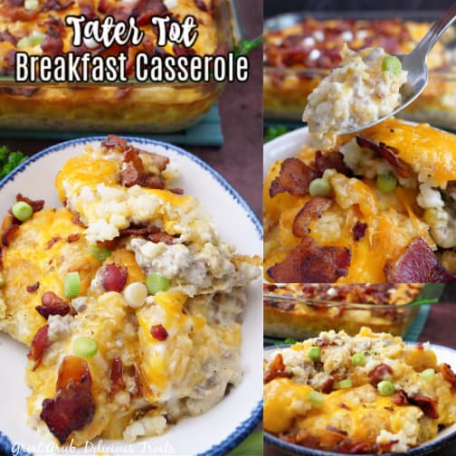 A triple photo collage of tater tot breakfast casserole.
