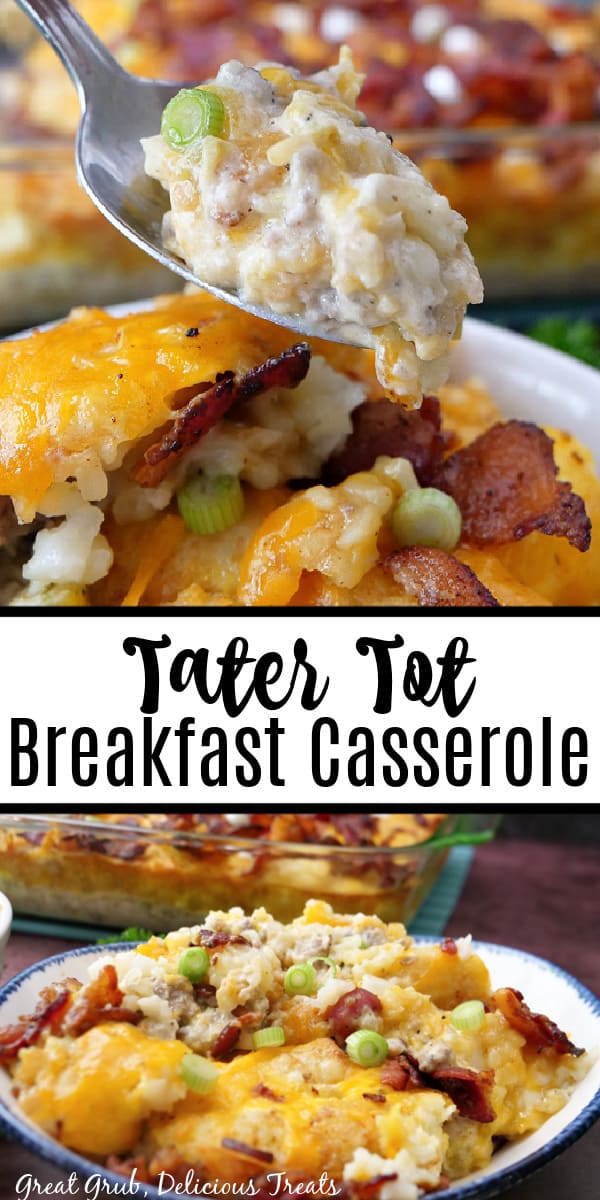 A double photo collage of breakfast tater tot casserole.