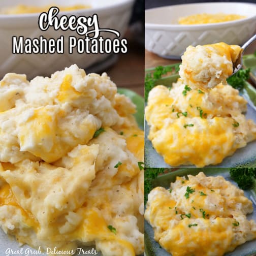 A triple photo collage of mashed potatoes on a blue plate with melty cheese.