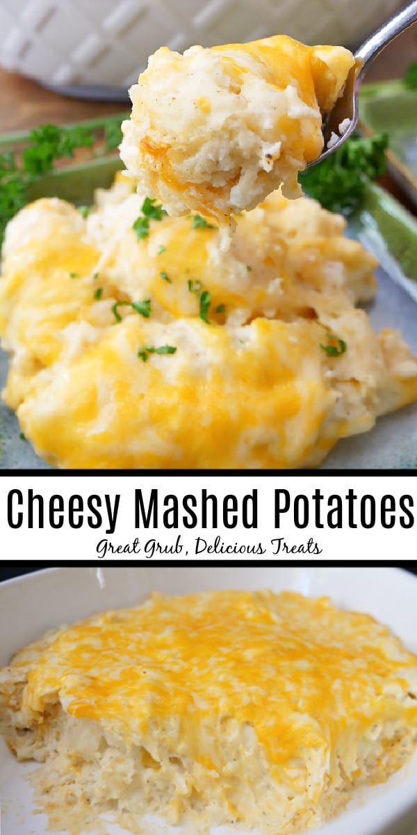 A double photo collage of cheesy mashed potatoes.