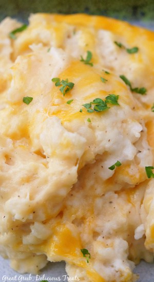 A close up photo of cheesy mashed potatoes.