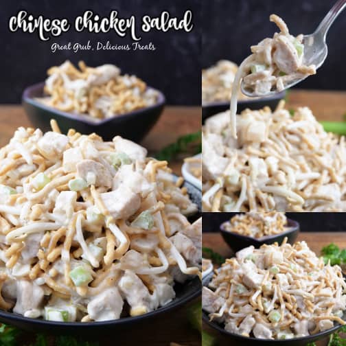 A three photo collage of Chinese Chicken Salad in a black bowl.