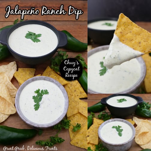 A three collage photo of Chuy's Jalapeno Ranch Dip.