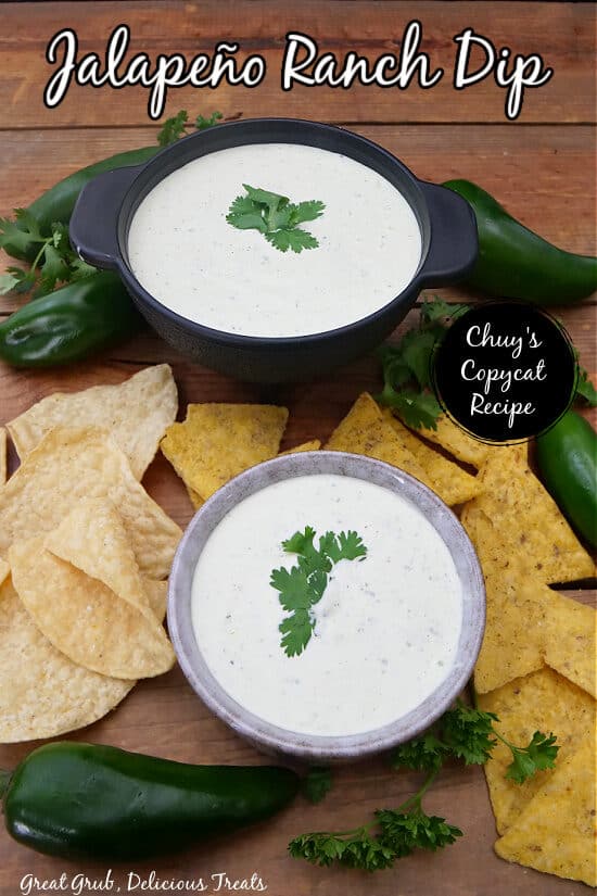 Two small bowls filled with jalapeno ranch dip with tortilla chips and jalapenos along side of the bowls.