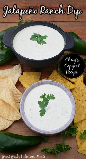 Two small bowls filled with jalapeno ranch dip.