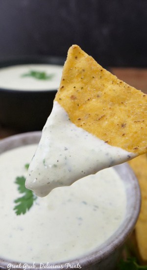 A close up of a tortilla chip that was dipped in a creamy dip recipe.