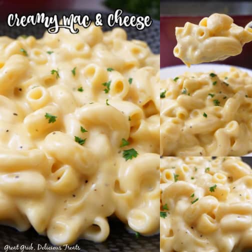 A three photo collage of creamy mac and cheese.