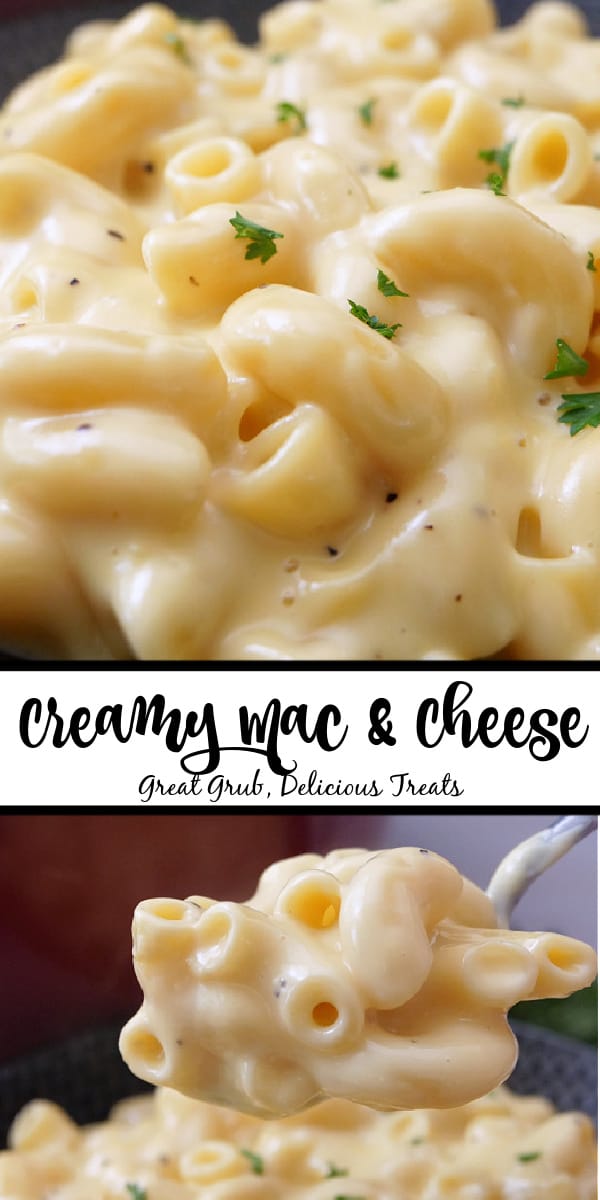 A double collage photo of creamy mac and cheese with the title in the center of the picture.