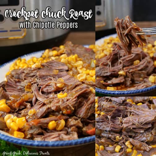 A three photo collage of chuck roast with corn and chipotle peppers.