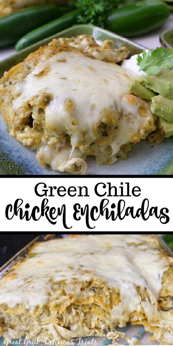 A double collage photo of chicken enchiladas on a green square plate.