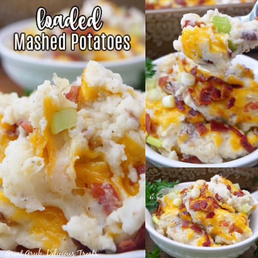 A three collage photo of loaded mashed potatoes in a small white bowl.