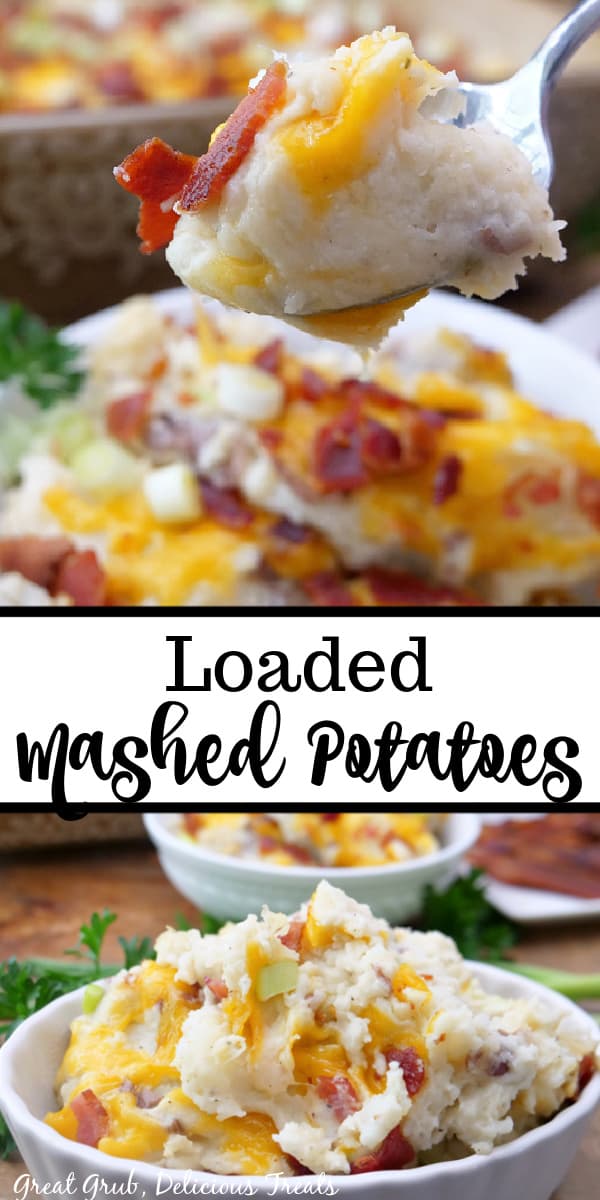 A double collage photo of loaded mashed potatoes.