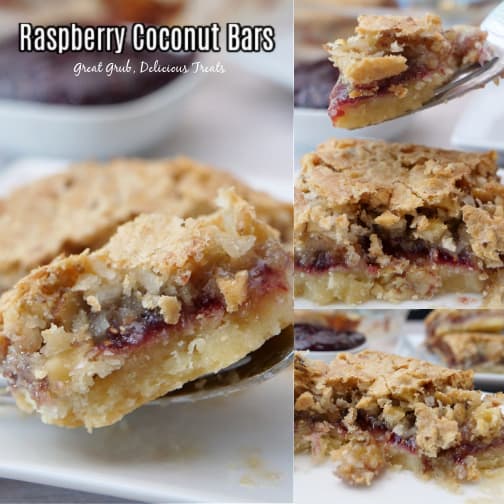 A three collage photo of raspberry coconut bars on a white plate.