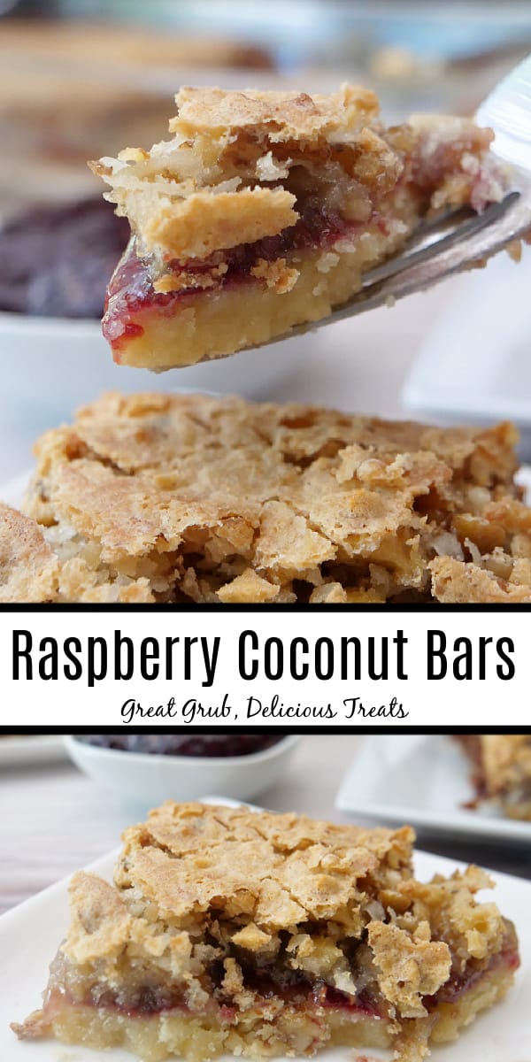 A double collage photo of raspberry coconut bars on a white plate with title of the recipe in the center of the photo.