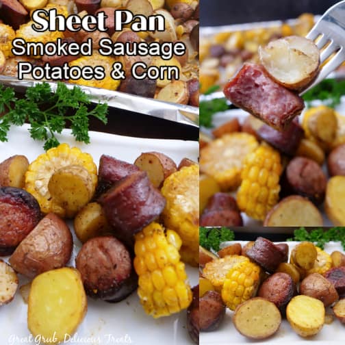 A three photo collage of sausage, potatoes, and corn.
