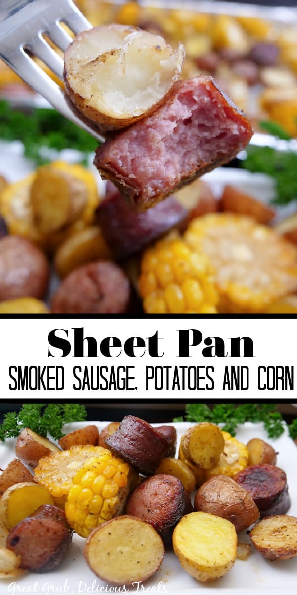 A double photo collage of sausage, potatoes, and corn on a white plate.